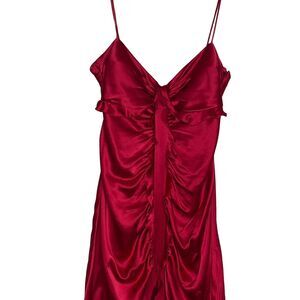 Dina Bar-El 100% Silk Red Ruffled Dress A-line Spaghetti Strap Side Zip Medium